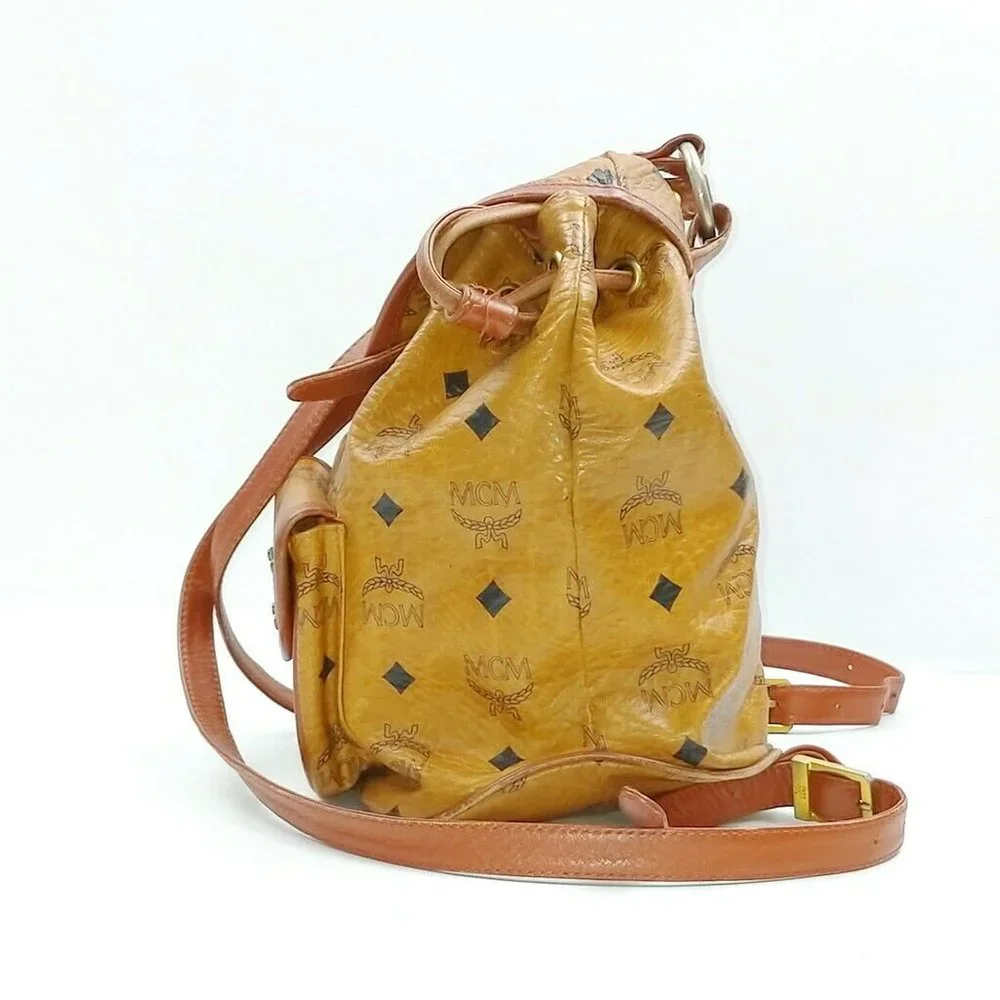 MCM Cognac Visetos Logo Leather Drawstring Backpack